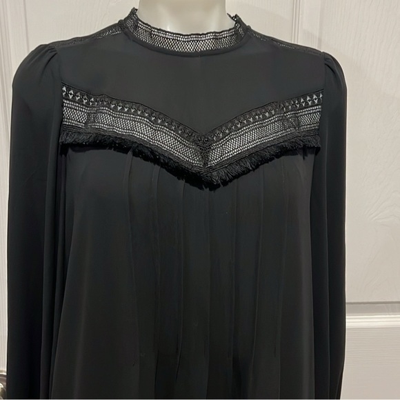 Ann Taylor long sleeve lace trim black pleated front mini dress size 8 - Picture 3 of 11